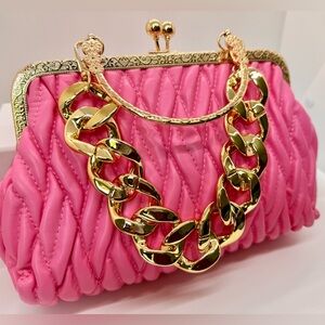 Elegant Pink PU Leather Hand Bag with Removable Gold Chain